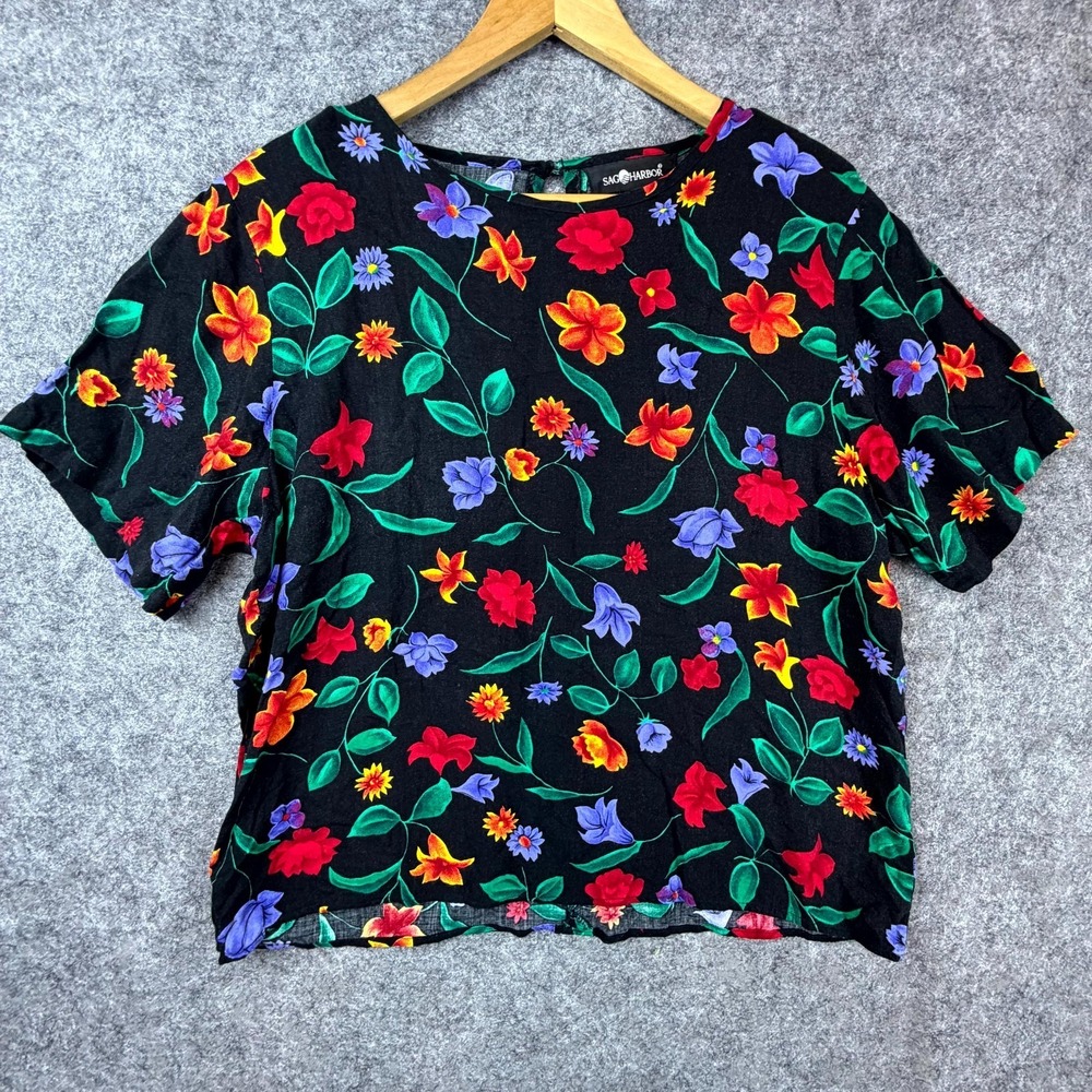 Vintage Sag Harbor Blouse Top Women Large Black Floral Rayon Dark Boho Moody 90s